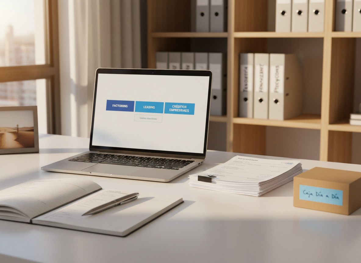 A modern, minimalist Chilean small business workspace with a clean white desk holding an open laptop displaying a clear financing comparison platform interface, with tabs for factoring, leasing, and business loans. Beside the laptop lies a neatly arranged stack of invoices, a small box labeled “Caja Día a Día”, and a slim metal pen resting on a lined financial notebook. In the background, shelves hold labeled binders for “Tesorería”, “Financiamiento”, and “Proyecciones”. Warm afternoon light streams through a large side window, casting soft, directional shadows and subtle highlights on the metallic surfaces. Photographic realism, composed using the rule of thirds, with shallow depth of field emphasizing the laptop and paperwork, creating a focused yet welcoming professional mood.