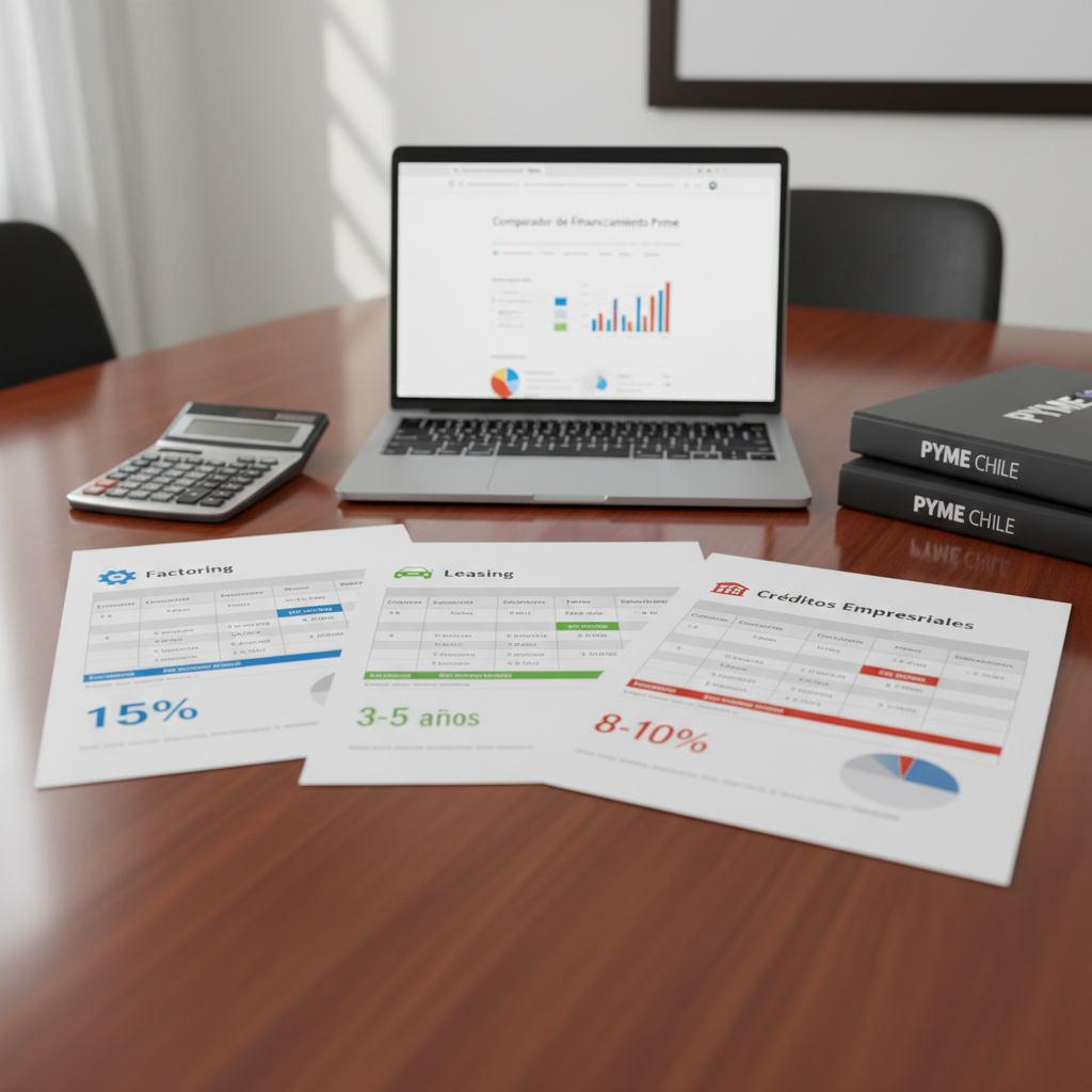 A close-up of a polished wooden conference table neatly arranged with three printed comparison sheets labeled “Factoring”, “Leasing”, and “Créditos Empresariales” in Spanish, each featuring clean tables, icons, and highlighted key figures. A modern silver calculator, a slim laptop half-open showing a financing comparison website, and neatly stacked folders with “Pyme Chile” on the spine surround the papers. Soft overhead office lighting and natural window light blend to create balanced, shadow-free illumination. Photographic realism, captured from a slightly elevated angle, with sharp detail on the documents and gentle blur on the table edges, evoking a calm, organized, and professional environment for evaluating funding options.